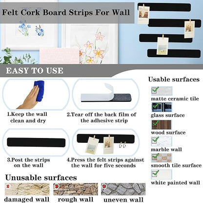 Black Bulletin Board Strips, 8Pcs Felt Pin Board Bar Strips with 50 Pushpins, Self-Adhesive Felt Cork Board Strips for Wall to Display Your Notes, Photos, Schedules, Announcements