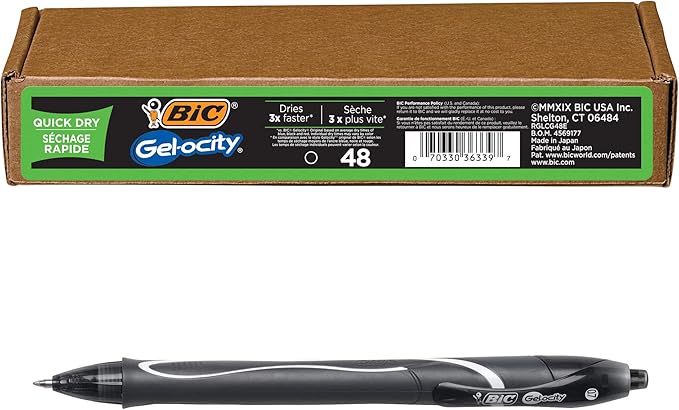 BIC Gelocity Quick Dry Black Gel Pens, Medium Point (0.7mm), 48-Count Pack, Retractable Gel Pens With Comfortable Full Grip