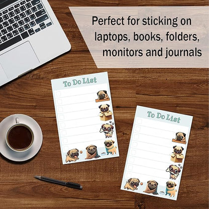 Kawaii Pug Puppies Sticky to Do List Notepad - Dog Sticky Notes Stationary School Office Supplies for Girls and Pug Mom | Pug Gifts for Pug Lovers | 4" x 6" 50 Pages