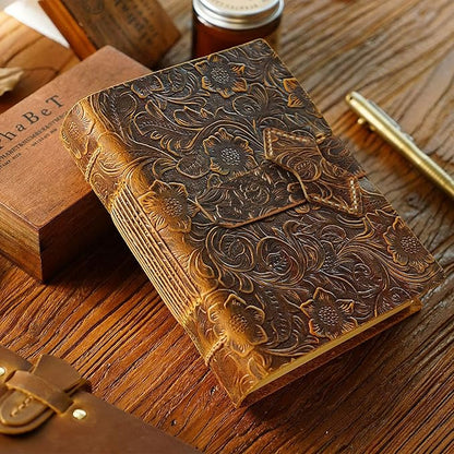 Leather Journal Notebook - Rustic Handmade Vintage Leather Bound Journals with Pencil Case for Men and Women - Leather Craft Unlined Paper 400 Pages, Leather Book Diary Notebook (8.6" x 6")