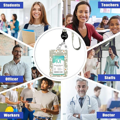 bolimoss Cute Flowers Lanyard for ID Badge Card, Breakaway Neck Lanyards with Retractable Badge Reels Quick-Release Buckles and Adjustable Straps with Leather Card Badge Holders