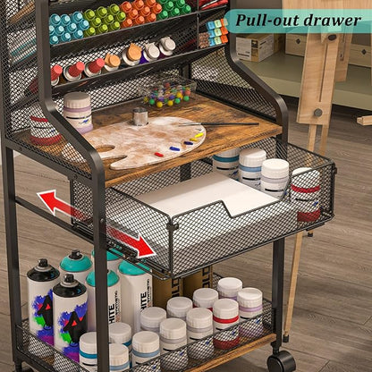 Small Rolling Utility Cart with Drawer, Metal Craft Storage Cart with Lockable Wheels, Versatile Art Cart with 6 Tiers & Removable Dividers for Drawing Room, Store Paints & Artifacts (Patent Pending)