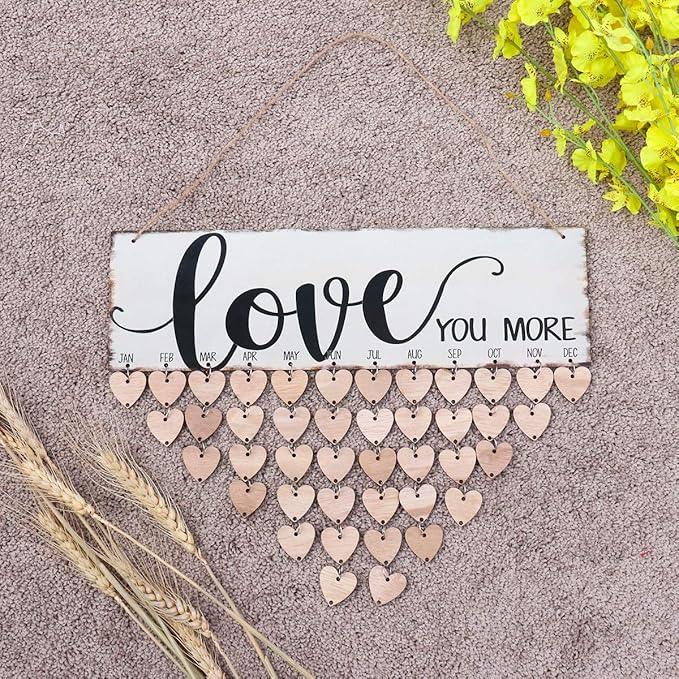 WINOMO Family Birthday Board Plaque DIY Hanging Wooden Birthday Reminder Calendar for Mom Dad Grandma Grandpa with 50pcs Wooden Hearts