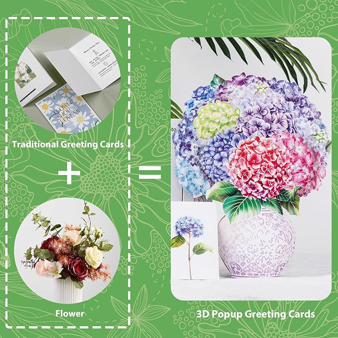 Pop Up Cards,Purple Hydrangea,12 Inch Forever Flower Bouquet 3D Popup Greeting Cards With Blank Note Card and Envelope,Perfect For Birthday, Christmas, Thanksgiving Day,Mother's Day Gifts