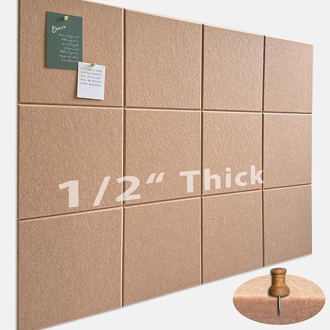 Large Cork Board for Office Wall Decor,48"x36"-12 Pack Felt Wall Tiles with 35 Push Pins, Thicker 0.47in, Felt Bulletin Board Pin Board Cork Boards for Walls - Salmon Pink