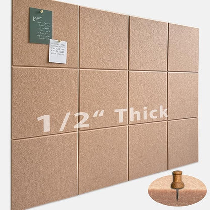 Large Cork Board for Office Wall Decor,48"x36"-12 Pack Felt Wall Tiles with 35 Push Pins, Thicker 0.47in, Felt Bulletin Board Pin Board Cork Boards for Walls - Salmon Pink