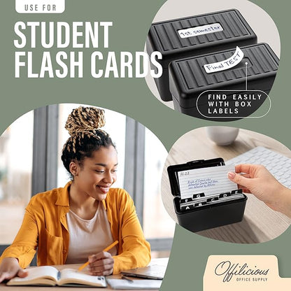 Black Index Card Holder 4x6 - Index Card Box With Index Card Dividers, Ruled Cards & Stickers - Index Card Organizer, Recipe Card Box - Flash Card Holder Box