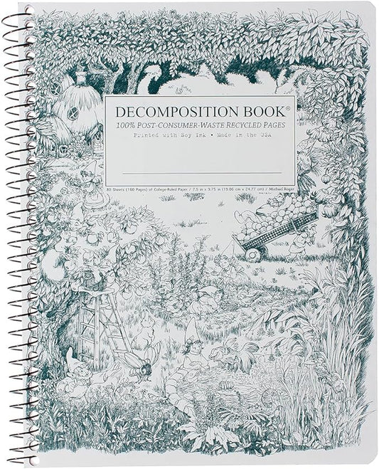 Decomposition Gardening Gnomes College Ruled Spiral Notebook - 9.75 x 7.5 Journal with 160 Lined Pages - 100% Recycled Paper - Cute Notebooks for School Supplies, Home & Office - Made in USA