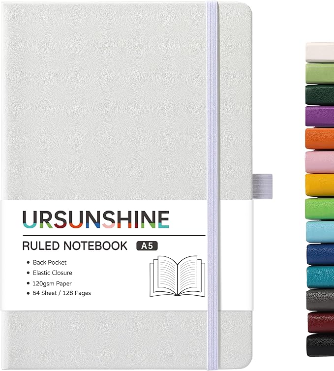 Ruled Notebook/Journal - Classic Lined Journal/Notebook, 5.3'' x 8.26'', Hardcover with Thick Paper, Banded + Pen Holder +Inner Pocket - White