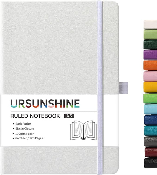 Ruled Notebook/Journal - Classic Lined Journal/Notebook, 5.3'' x 8.26'', Hardcover with Thick Paper, Banded + Pen Holder +Inner Pocket - White