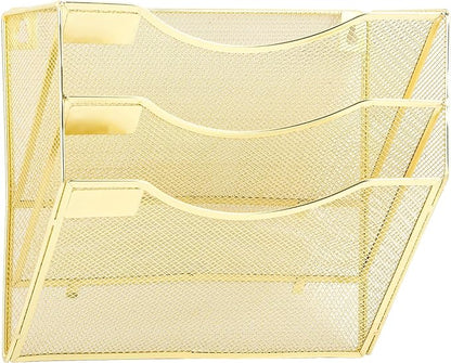 EASEPRES 3 Pocket Mesh Hanging Wall File Organizer, Wall Mounted Mail Paper Document Folder Holder, Clipboard Storage Organization Magazine Rack with Nametag Label for Office Home School, Gold