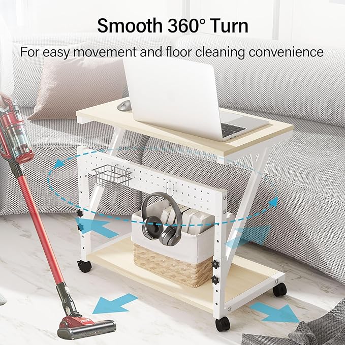 Computer Tower Cart - Height Adjustable PC Stand, 2-Tier ATX-Case CPU Holder Home Office Gaming Desk Accessories with Rolling Lockable Wheels, Laptop Table Standing Computer Desk, Natural White