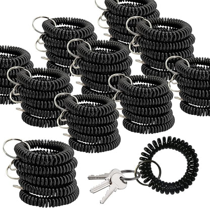 50PCS Keychain Wristlet Wrist Keychain Wristband Elastic Stretchable Spiral Bracelet Key Hook Key Holder for Gym Pool Spring Spiral Coil Black
