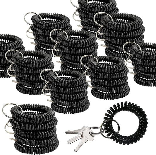 50PCS Keychain Wristlet Wrist Keychain Wristband Elastic Stretchable Spiral Bracelet Key Hook Key Holder for Gym Pool Spring Spiral Coil Black