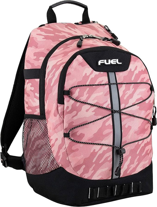 FUEL Hiking Backpack for Women Men Terra Sport, Travel, College, Gym, Work with Laptop Sleeve, Bungee, 18 Inches, Pink Camo