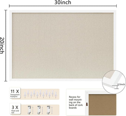Cork Board with Linen White,Bulletin Board 30"x20" Hanging Corkboards for Office Home School Message Board or Vision Board Decoration.