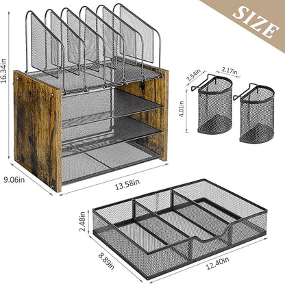 4-Tier Mesh Desk Organizer, Wooden Desk File Organizer with 5 Vertical File Holders and 2 Pen Holders, Desktop Organizers and Accessories with Drawer for Home Office