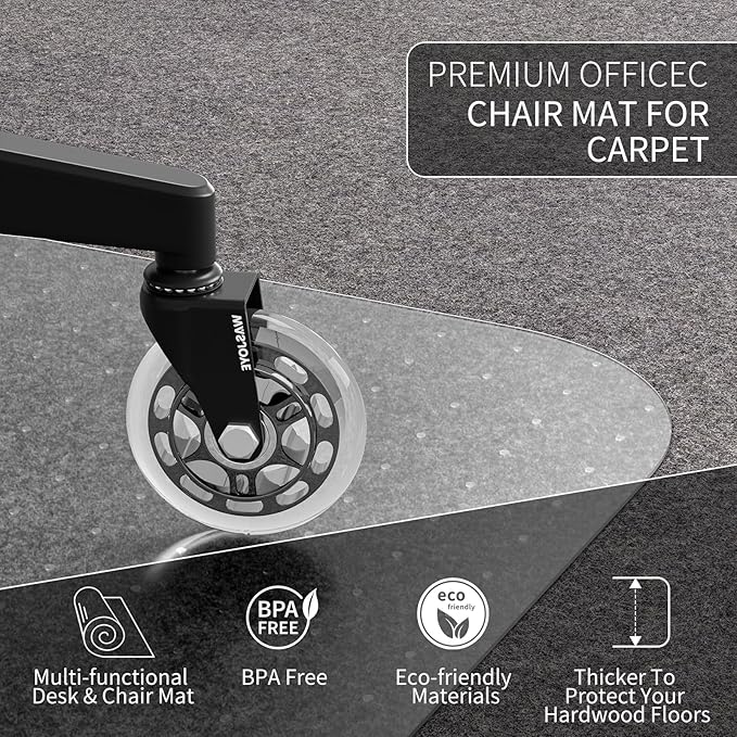 WASJOYE Office Chair Mat for Carpet, 36" Round Clear Home Carpet Chair Mat Protector Cover with Non-Slip Studded for Computer Desk Rolling Chair