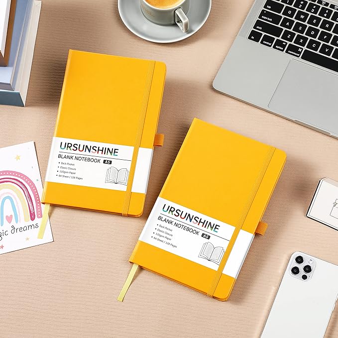 Blank Journal/Notebook - Classic Notebook/Journal with Ribbon Divider, Hardcover with Thick Paper, 5.3'' x 8.26'', Banded + Pen Holder +Inner Pocket - Yellow