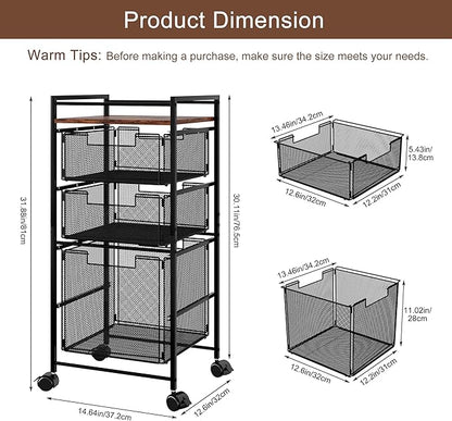 EasyPAG Rolling File Cabinet, Metal File Organizer Storage Cart, Mobile File Cart with Removable Drawers with 4 Swivel Casters Rolling Wheels Cart, 1 File Drawer and 2 Small Drawers, Black