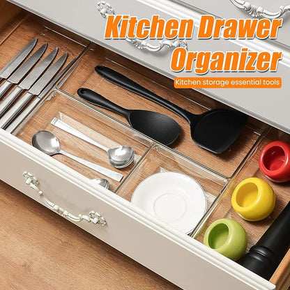 Criusia 6 Pack Large Size Clear Plastic Versatile Acrylic Stackable Drawer Organizer Trays, Storage Bins for Makeup, Bathroom, Kitchen and Office