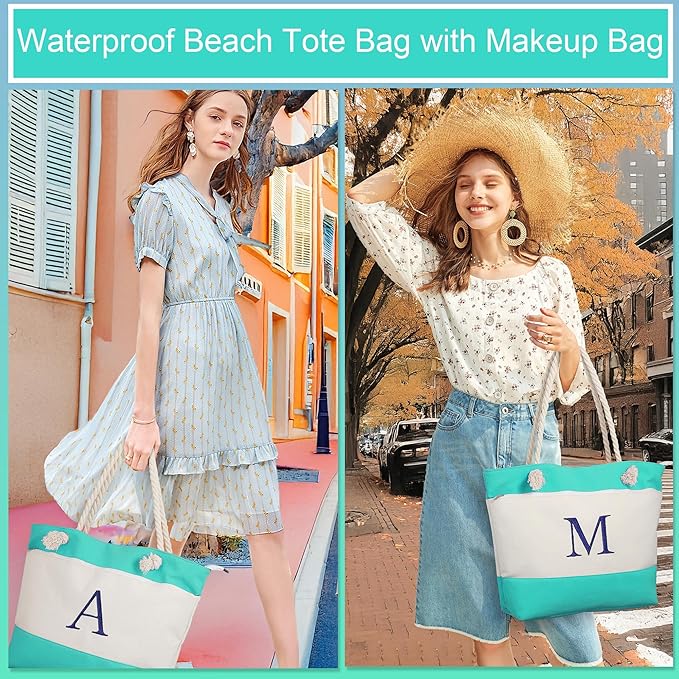 YOOLIFE Christmas Gifts for Women - Initial Canvas Tote Bag & Makeup Bag, Birthday Gifts for Women Mom Teacher Friend Sister