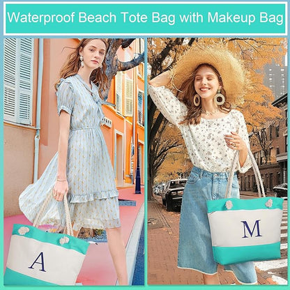 YOOLIFE Christmas Gifts for Women - Initial Canvas Tote Bag & Makeup Bag, Birthday Gifts for Women Mom Teacher Friend Sister