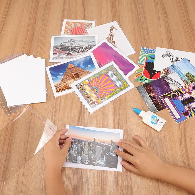 Blank White Cards and Envelopes with Clear Cello Bags, Goefun 100 Pack 5 x 7 Folded Cardstock and A7 Envelopes Self Seal for Invitations, Wedding, Birthday and DIY Greeting Cards