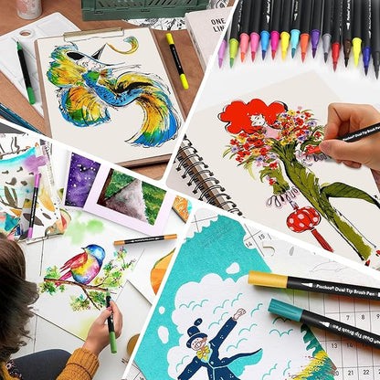 Markers,18 Colors Dual Brush Markers Pens,Fine Point and Brush Tip Markers for Adult Coloring Books No Bleeding,School Classroom Art Supplies