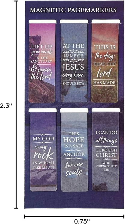 Christian Art Gifts Magnetic Scripture Bookmark Set with Bible Verse: Lift Up Your Hand -Psalm 134:2 Inspirational Scenic Magnetic Bible Verse Pagemarker Set of 6 for Bibles and Books Size 2.3” x 0.8”