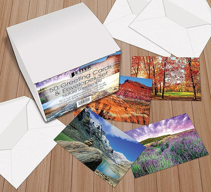 Better Office Products 50-Pack All Occasion Greeting Cards Box Set, 4 x 6 inch, 50 Assorted Blank Note Cards & 50 Envelopes, 6 Nature Photography Americana Designs, Blank Inside, 50 Pack