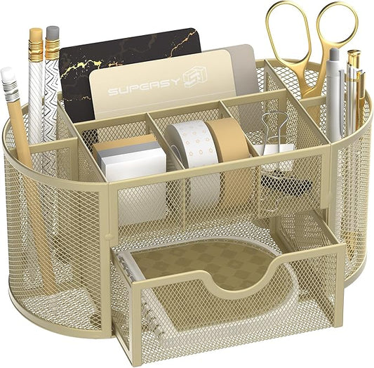 SUPEASY Mesh Desk Organizer, Desk Accessories & Workspace Organizers with Drawers, Pencil Holder for Desk with 9 Compartments for Office Suppliess, 8.6 x 4.3 x 4.1 Inch, Yellow