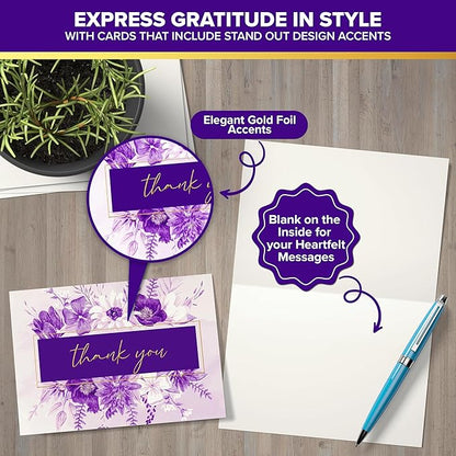 Decorably 24 Pack Gold-Foiled 6x4in Purple Thank You Cards with Envelopes and Stickers, 6 Elegant Designs Lavender Thank You Cards, Blank Inside - Wedding, Baby Shower