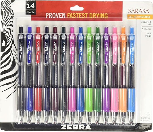Zebra Pen Sarasa Dry X20 Retractable Gel Pen, Medium Point, 0.7mm, Assorted Fashion Color Ink, 14-Pack