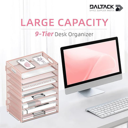 DALTACK 9-Tier Paper Letter Tray Desk Organizer with Handles, Mesh File Holder Organization, Paper Sorter Desk Organizer for Office Home School, Pink 2 Pack