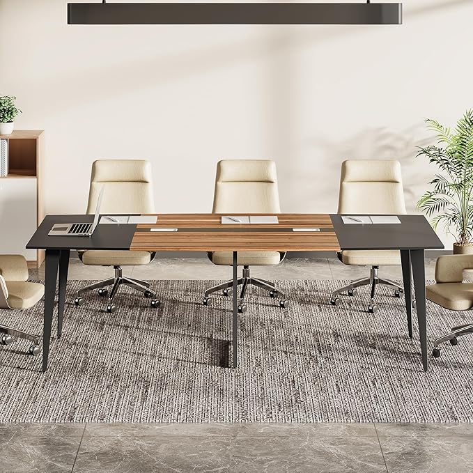 LITTLE TREE 8FT Conference Room Table, 94.48L x 47.21W x 29.52H Boat Shaped Meeting Table, Dark Walnut