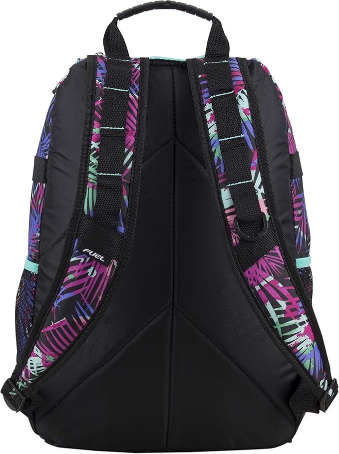 FUEL Hiking Backpack for Women Men Terra Sport, Travel, College, Gym, Work with Laptop Sleeve, Bungee, 18 Inches, Purple Palm Leaves