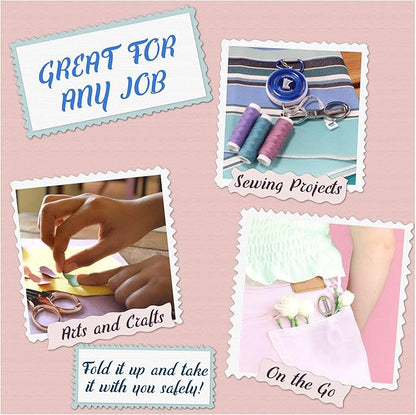 JubileeYarn Portable Travel Safety Folding Scissors Set, One Rose Gold, One Black, Two Thread Snips, and a Fabric Measuring Tape