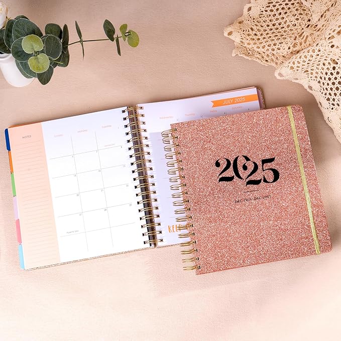 2025 Hardcover Planner Weekly and Monthly, Dec 2024–Dec 2025, Large Spiral Bound Planners 2025 for Women Gifts, 8.3" x 9.3",13 Month Calendar with 13 Tabs, 3 Sticker Sheets, Pink