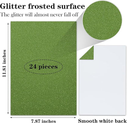 24 Sheets Green Glitter Cardstock Paper, A4 Premium Sparkly Paper for Scrapbook, DIY Projects, Party Decoration, Gift Box Wrapping 250GSM/92lb