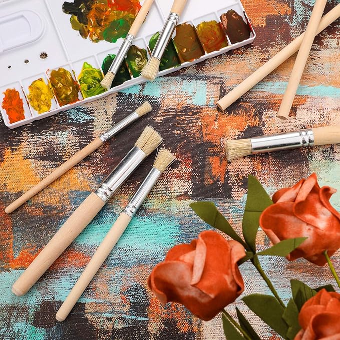 Wooden Stencil Brushes Natural Stencil Bristle pens Dome Art Painting pens Wood Template Brush for Acrylic Oil Watercolor Art Painting DIY Crafts Card Making Supplies, 3 Sizes(24 Pieces)