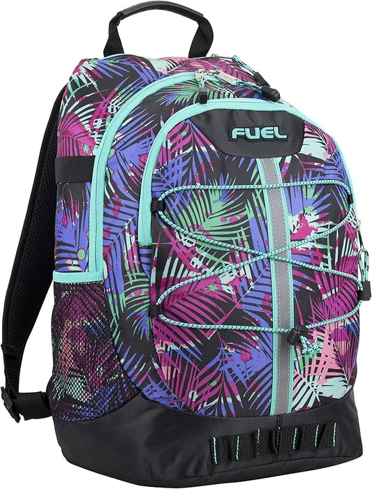 FUEL Hiking Backpack for Women Men Terra Sport, Travel, College, Gym, Work with Laptop Sleeve, Bungee, 18 Inches, Purple Palm Leaves