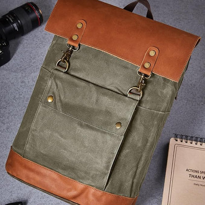 Vintage Waterproof Waxed Canvas Leather Backpack for Men Women 15.6" laptop Travel Rucksack