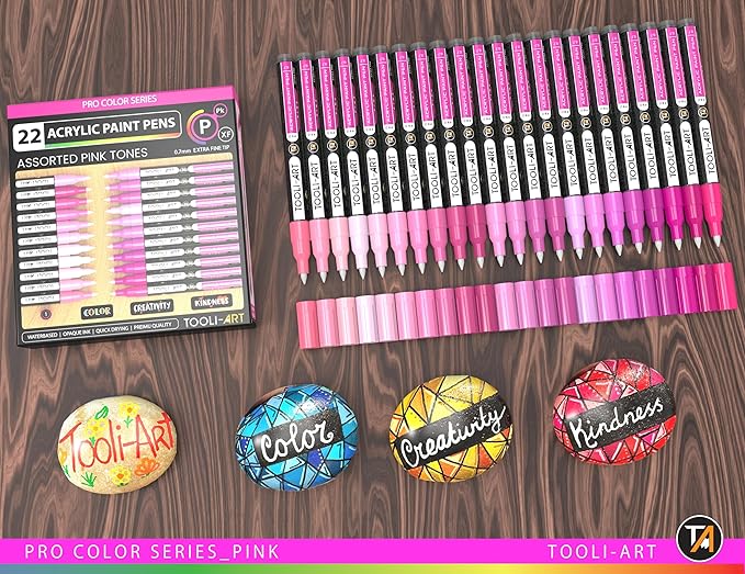 Acrylic Paint Pens 22 Pink Tones Assorted Pro Color Series Markers Set 0.7mm Extra Fine Tip for Rock Painting, Glass, Mugs, Wood, Metal, Canvas, Projects, Non Toxic, Waterbased, Quick Drying