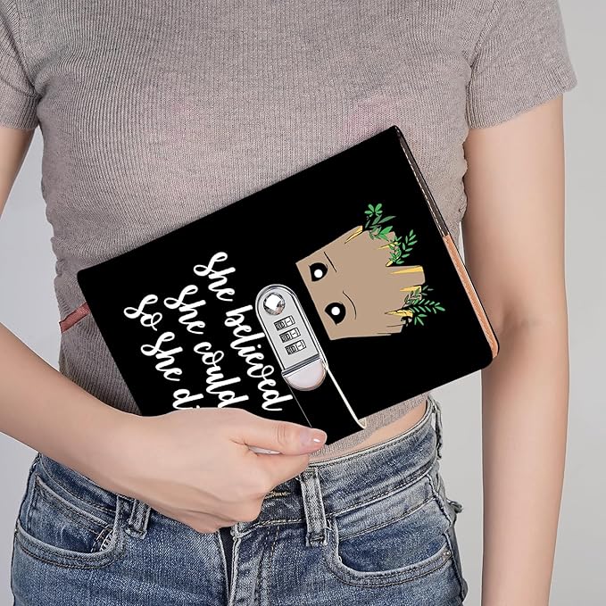 Funny Groot Gifts Leather Combination Lock Notebook Always Remember You’re Braver Than You Believe Leather Locked Journal Notebook Birthday Gifts for Daughter Son (she believed)