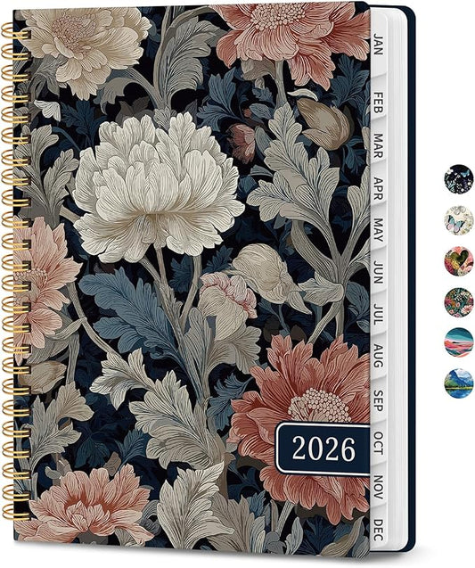 2026 Planner, Weekly and Monthly Planner for Women, January 2026 to December 2026, Pretty Hardcover 2026 Calendar Planner Book with Tabs, Inner Pocket, Spiral Bound, Perfect Office Home School Supplies - 6.3" x 8.5", Vintage Peony
