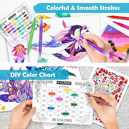 Kalour 36 Colors Art Markers Pens,Dual Tip (Brush and Fine Point),Color Number and Color Name,Art Marker for Coloring Lettering Calligraphy Drawing Journaling,Coloring Art Gift for Adult Beginner Kids