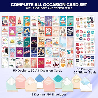 Decorably 50 Pack Gold Foiled & Glittery 5x7in All Occasion Cards Assortment Box with Envelopes & Stickers, 50 Unique Designs Cards for All Occasions with Printed Message Inside - Birthday, Thank You