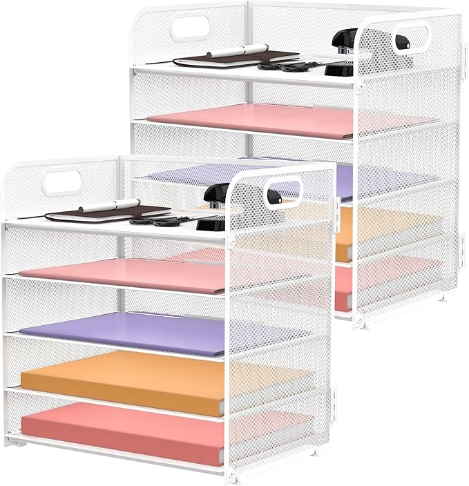 2 Pack 5-Tier White Desk Organizer with Handle Mesh Desk File/Paper Organizer Letter Tray for Office, School and Home Easy Installation