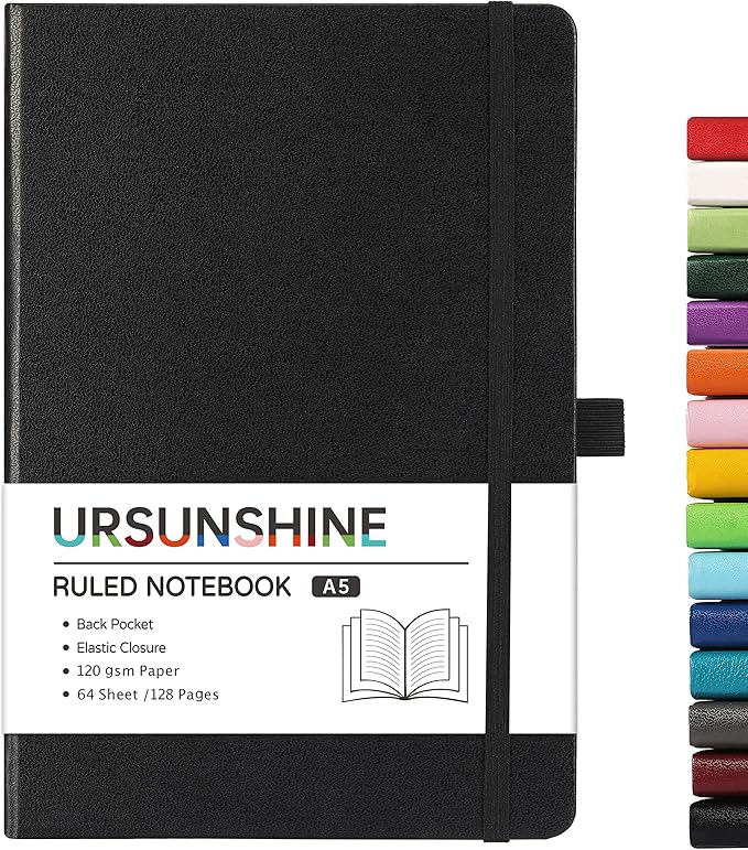 Ruled Notebook/Journal - Classic Lined Journal/Notebook, 5.3" x 8.26", Hardcover with Thick Paper, Banded + Pen Holder +Inner Pocket - Black